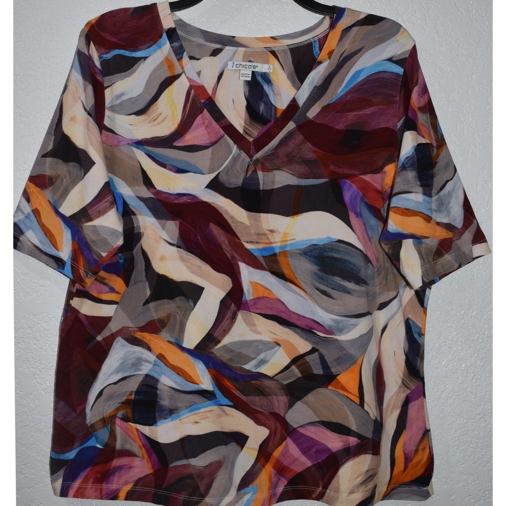 Chicos Top Size 2/Large V-Neck Short Sleeve Abstract Brushstroke Comfy Stretch